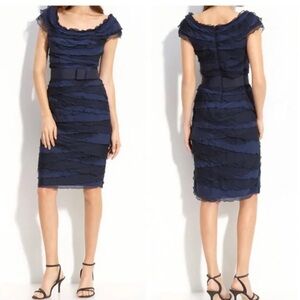 Tadashi Shoji tiered chiffon Sheath cocktail dress size 10 navy blue